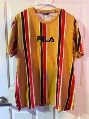 Fila Multicolor Vertical Stripe Tee in Mustard, Red & Black-Xl